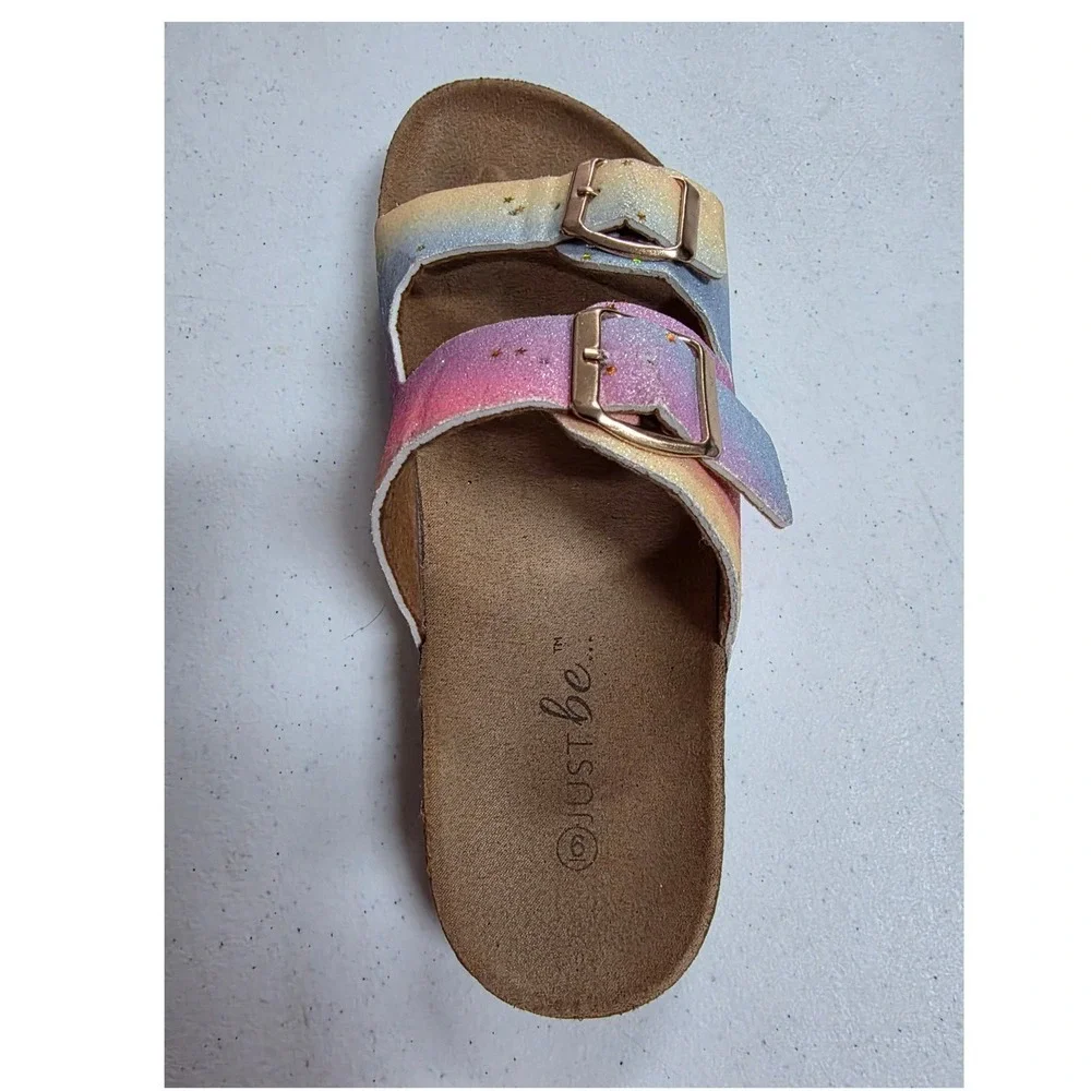 Just Be Rainbow Glitter Star Slides Sandals Size 6 Cork Footbed Buckle